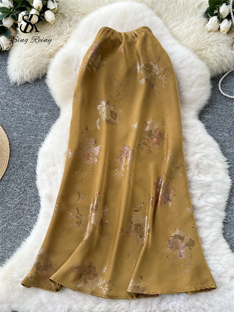 SINGREINY Senior Women Long Skirt Floral Gold Stamping Zipper Design Summer France Elegant Vintage Basics Satin A Line Skirt 3