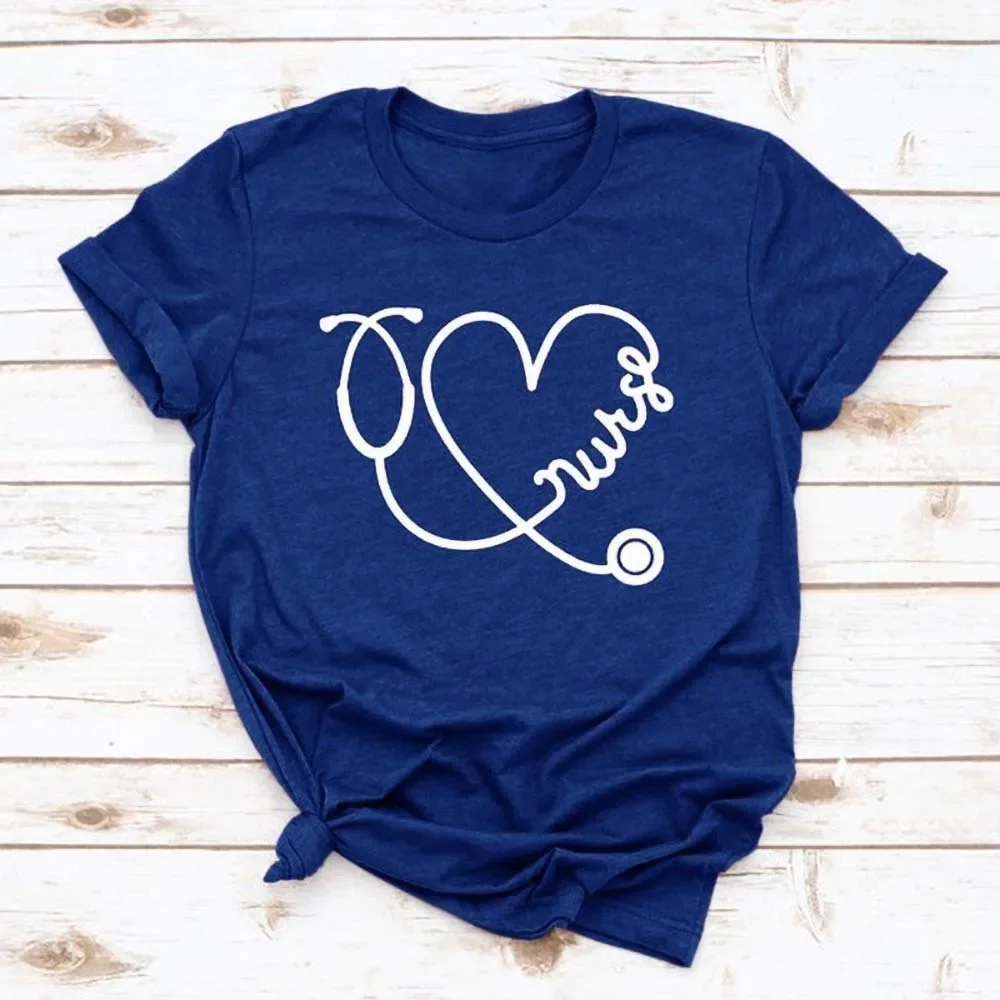 

Nurse Stethoscope Heart Print Women T Shirt Short Sleeve O Neck Loose Women Tshirt Ladies Tee Shirt Tops Clothes Camisetas Mujer
