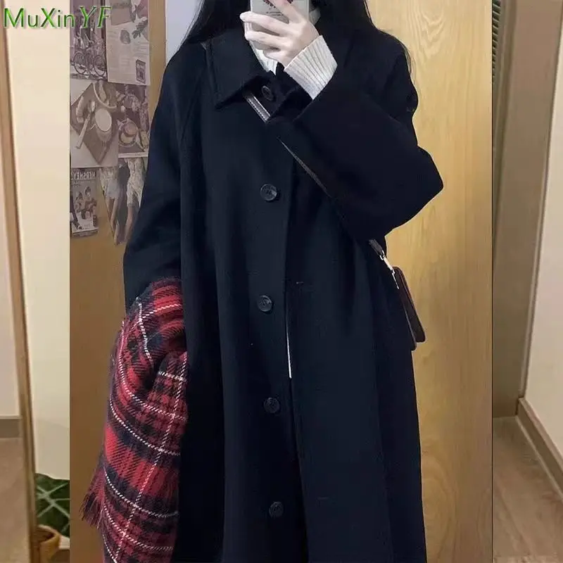 2023 Autumn Winter Women Woolen Overcoats Korean Lady Casual Loose Outerwear Black Long Coats Pure Color Basic Button Jackets plush sustans parkas autumn winter women big furry collar short style slim hooded coat office lady casual commute warm overcoats