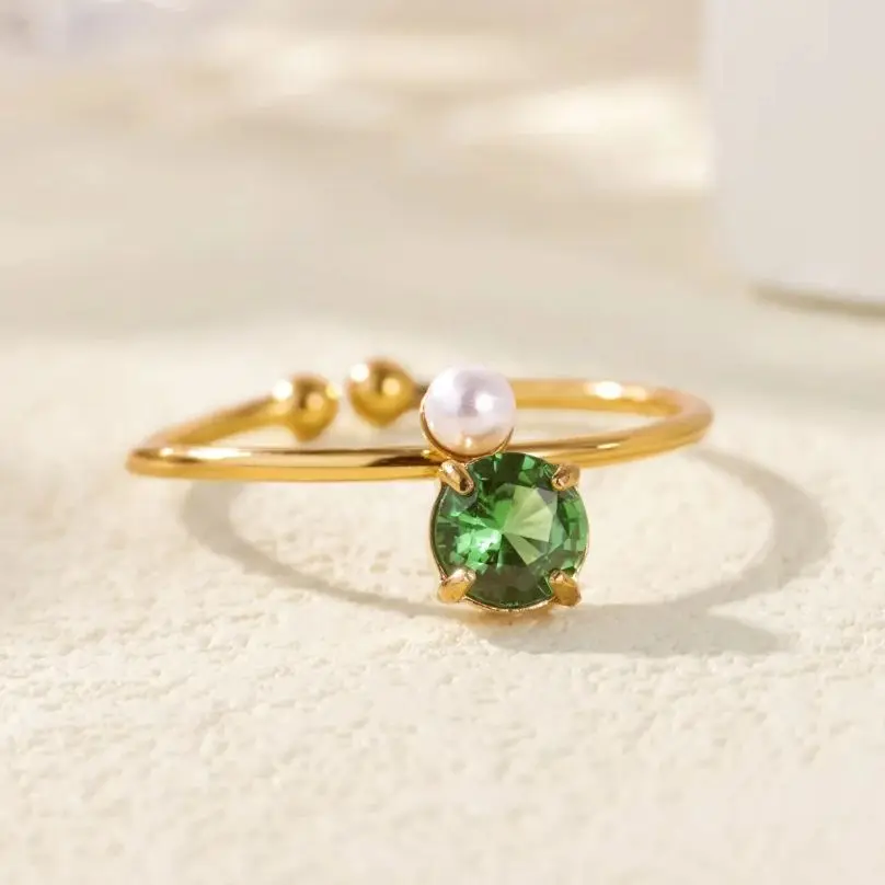 Round Zircon Pearl Ring for Women Gold Color Stainless Steel Adjustable