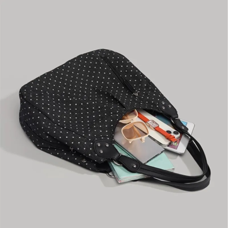 JIAERDI Harajuku Retro Polka Dot Tote Bag Women Black Wrinkle Large Capacity Shoulder Bag Ladies Sweet Cute Commute Underarm Bag