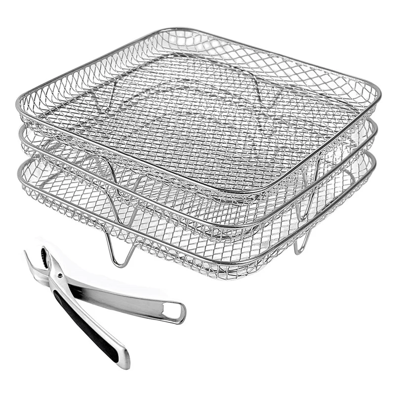 8 Inch Air Fryer Rack Square Three Stackable Racks,Stainless Steel Multi-Layer Dehydrator Rack,Air Fryer Accessories