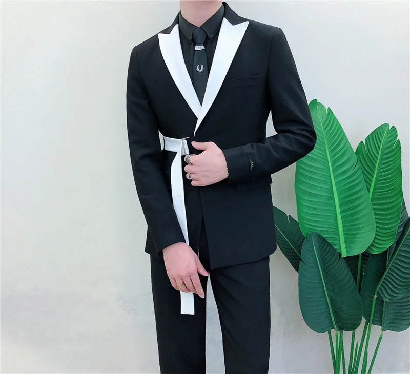 Masculino Ternos 2022 Spring Long Sleeve Belt Decoration Man Suit Korean Groom Men Suit Slim Fit Weave Bring Full Dress Suit Man blazer for men wedding