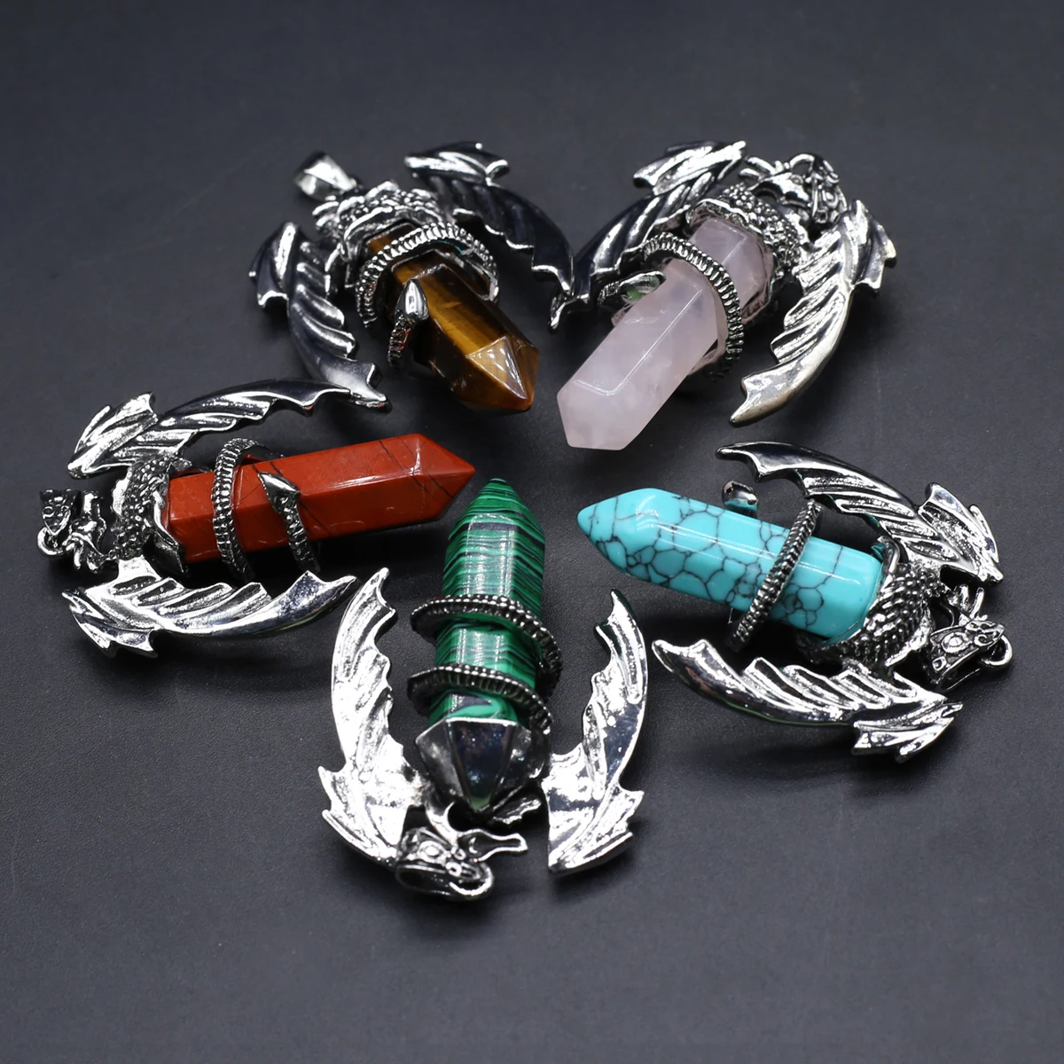 6PCS Natural Semiprecious Stone Flying Dragon Hexagonal Pillar Spiritual Healing Crystal Pendant Jewelry Accessories Punk Style