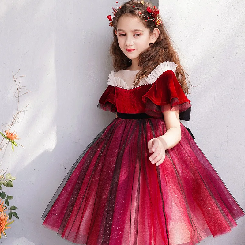 

Burgundy Flower Girl Dress for Wedding 2023 New Lace Children Costume Girls Party Evening Prom Dresses Kids Christmas Clothing