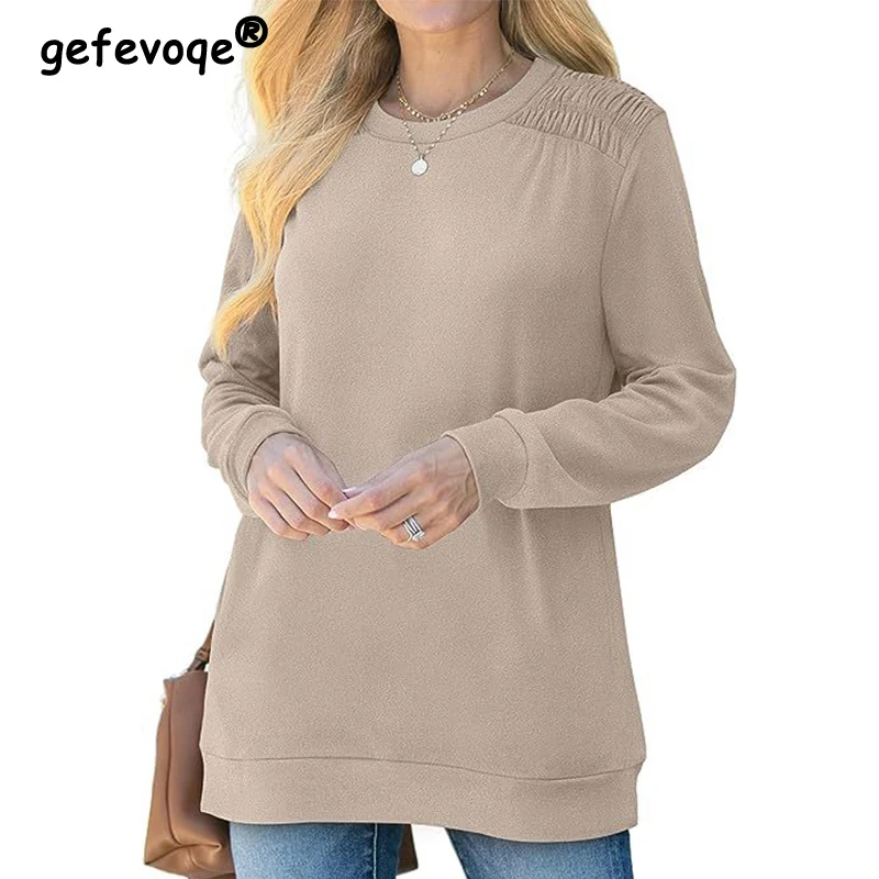 Autumn Winter Women's Round Neck Loose Casual Sweatshirt Female Folds Pocket Fashion Pullover Top Ladies Solid Color T-shirt Tee