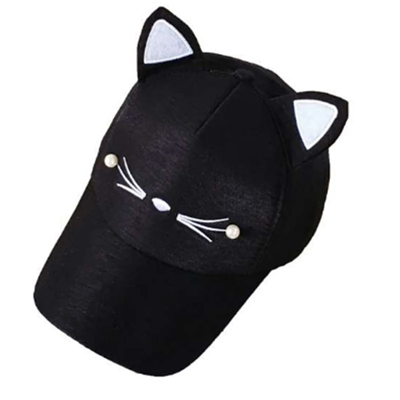 1PC Fashion Cute Cat Ears Snapback Cap Brand Street Adjustable 56- 61cm Lovely Embroidery Hat Boy Girl Pearl Baseball Cap