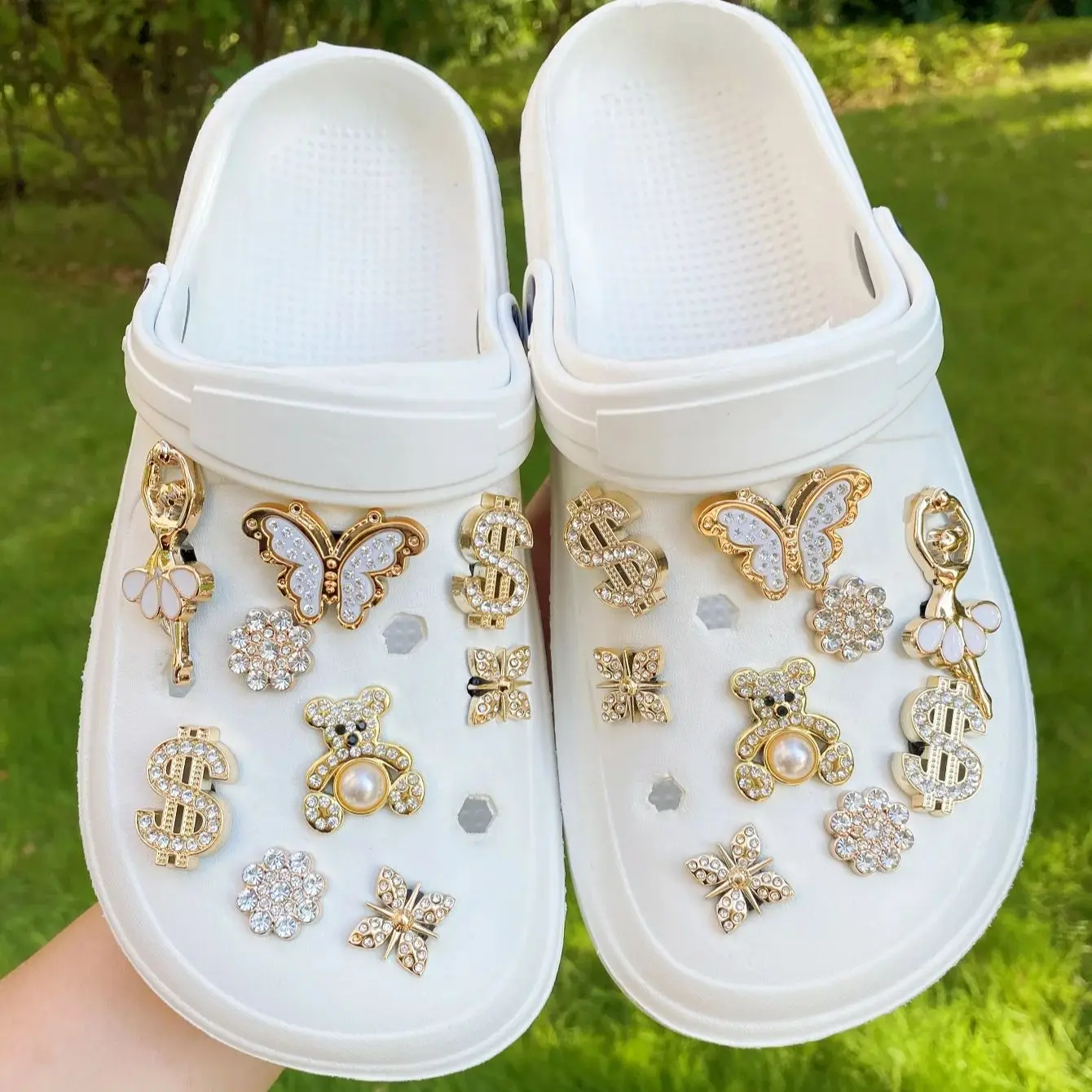 18 Stück modisches goldfarbenes Strass-Bärenschuh-Stiefelzubehör, geeignet für Clogs, Gartenschuhe, Strandschuhe, DIY abnehmbar – Detail 4