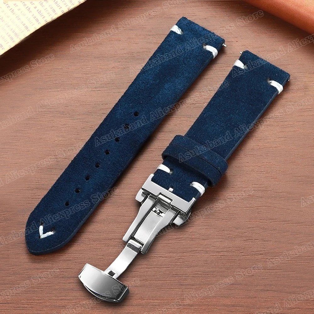Quick Release Suede Stitching Genuine Leather Watch Band with Butterfly Buckle - Men's Straps