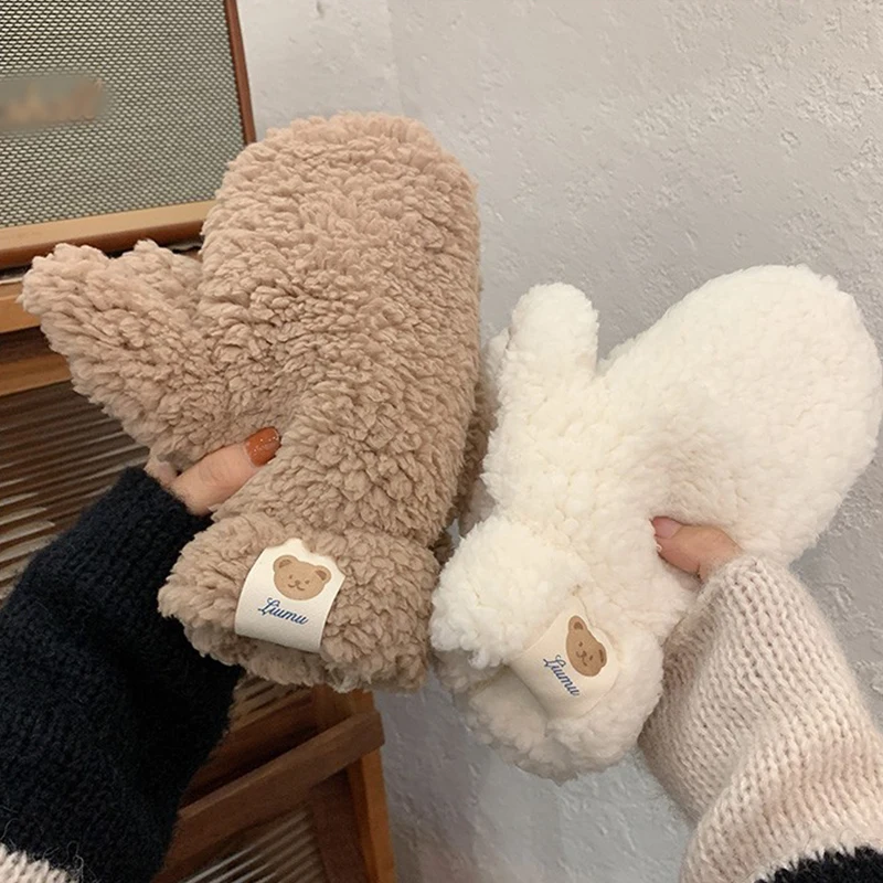 Cute Bear Claw Lambswool Gloves Women Girls Plus Plush Glove Winter Warm Thick Mittens Ski Windproof Mitten Cosplay Accessories kawaii thickened velvet warm full finger gloves cat claw cute plush gloves winter even fingers gloves girl mittens cold proof