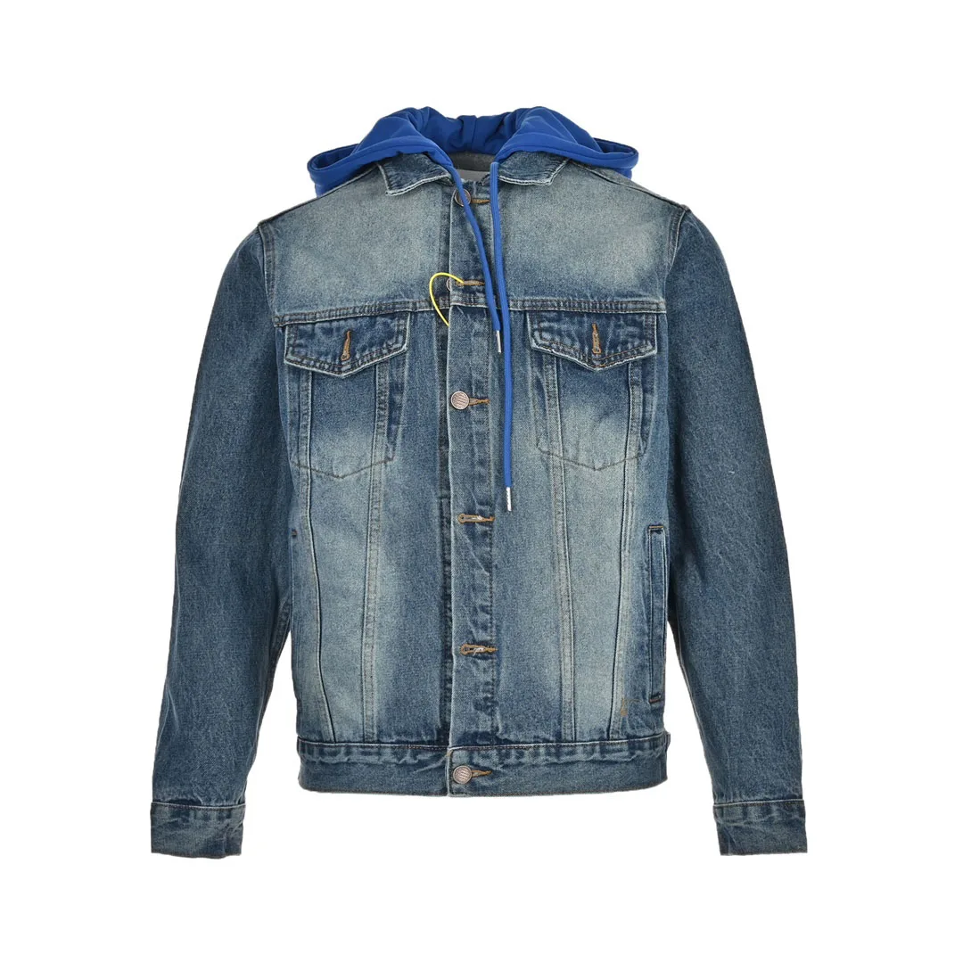 

2023 New fake two-piece hooded denim coat, navy blue hat super soft embroidery