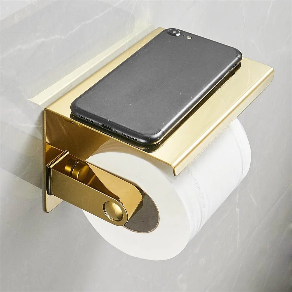 Multi-Functional Toilet Roll Paper Holder with Shelf Wall Mounted Double Roll Tissue Holder Dispenser Bathroom Gold