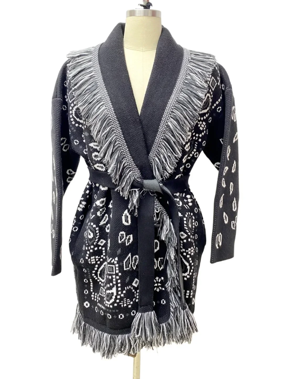 Boho Inspired Women's elegant Belt cashmere cardigan women High quality Wool Tassels jacquard grey knit cardigan long oversized 6