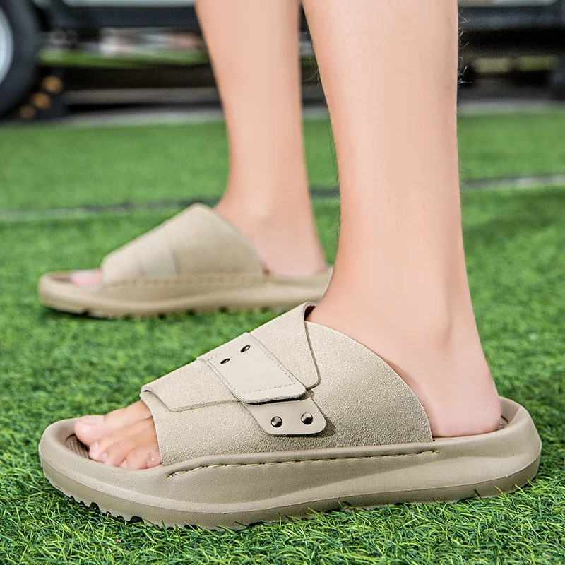 

Мужские летние шлепанцы с открытым носком, плоская подошва, молодежная пляжная обувь, для отдыха, прогулок, уличные сандалии, дышащие