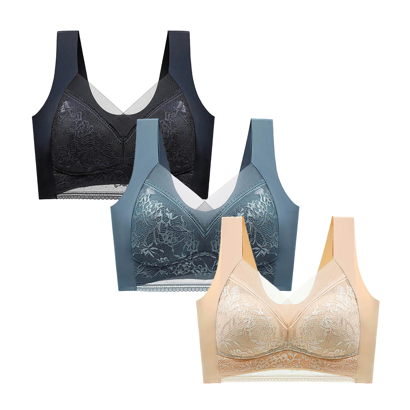 Lace Seamless Push-Up Bra Set - Womens Ice Silk Bralette Lingerie 3PCS