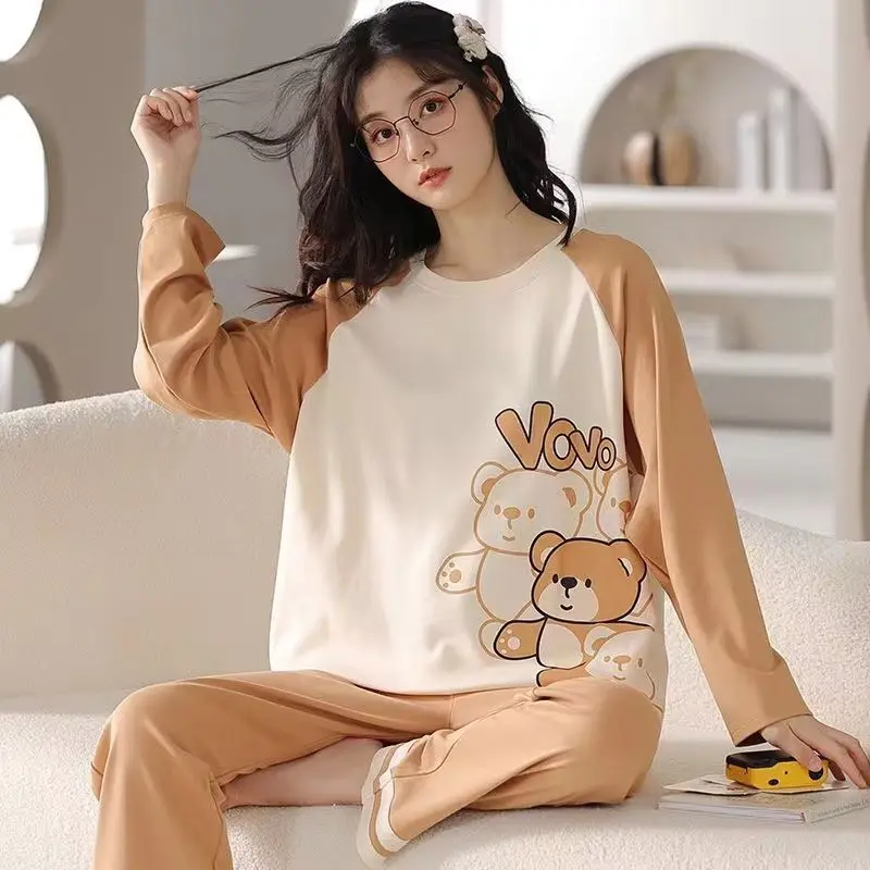 SUO&CHAO 2023 New Pajamas Set For Womens Sleep Wear Lobg Sleeve Rund Neck Tops Long Pants Loose Casual Print Pyjamas Homewear