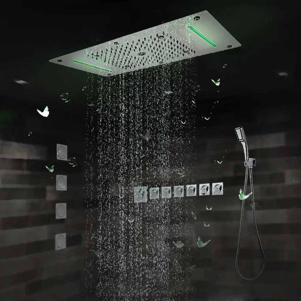 

Concealed Thermostatic Shower System Large Flow Multi Section Quick Opening Faucet Set LED Ceiling Rain Shower Head Massage Jets