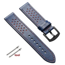Vintage Handmade Leather Watch Strap - Quick Release, Breathable, Sport Design, Black & Brown, with Pin Buckle - 22mm (Blue - Black)