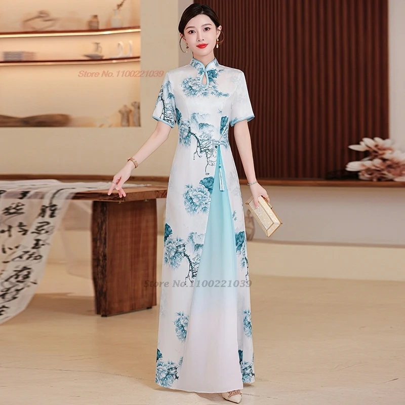 vietnam aodai dress traditional chinese improved qipao flower print cheongsam a-line dress banquet evening vestido
