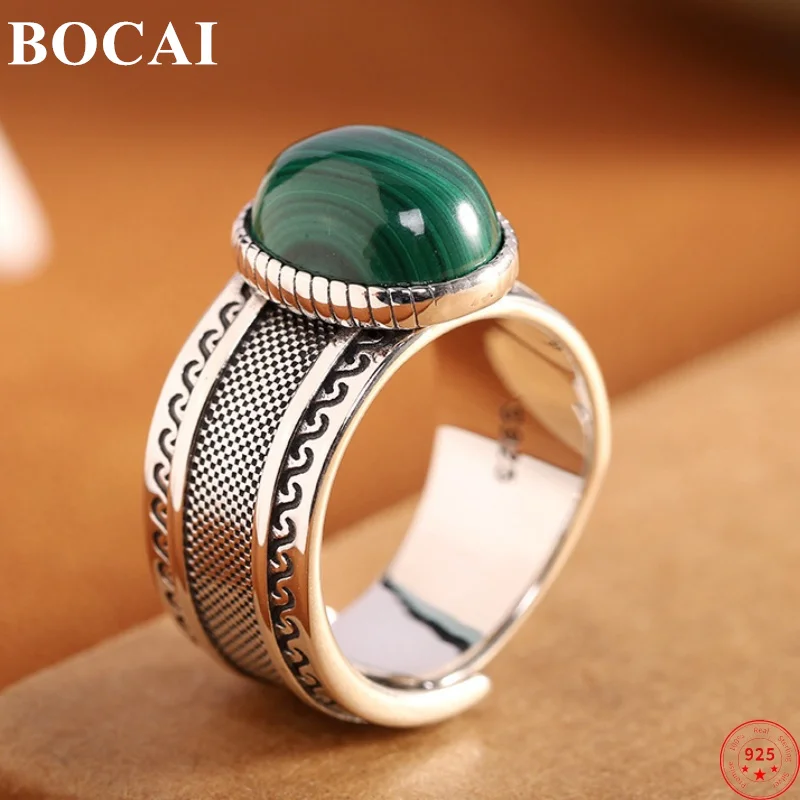 

BOCAI S925 Sterling Silver Rings for Women Men New Fashion Relief Ancient Totem Inlaid Malachite Punk Jewelry Free Shipping