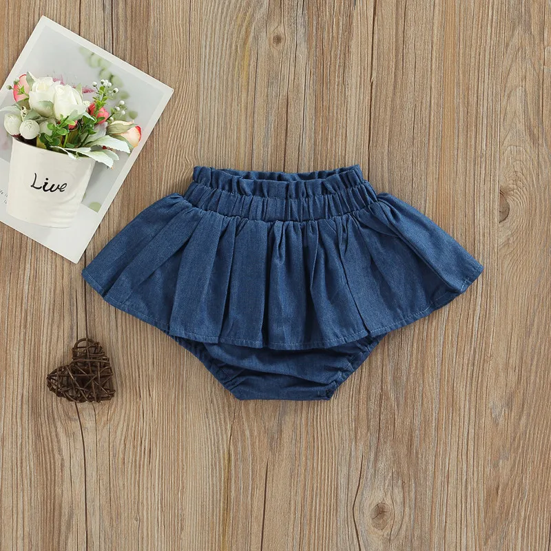 1-4 Years Baby Kids Girls Denim Shorts Elastic Waist Pleated Solid Summer Skirt Shorts Girls Casual Daily Mini Pants