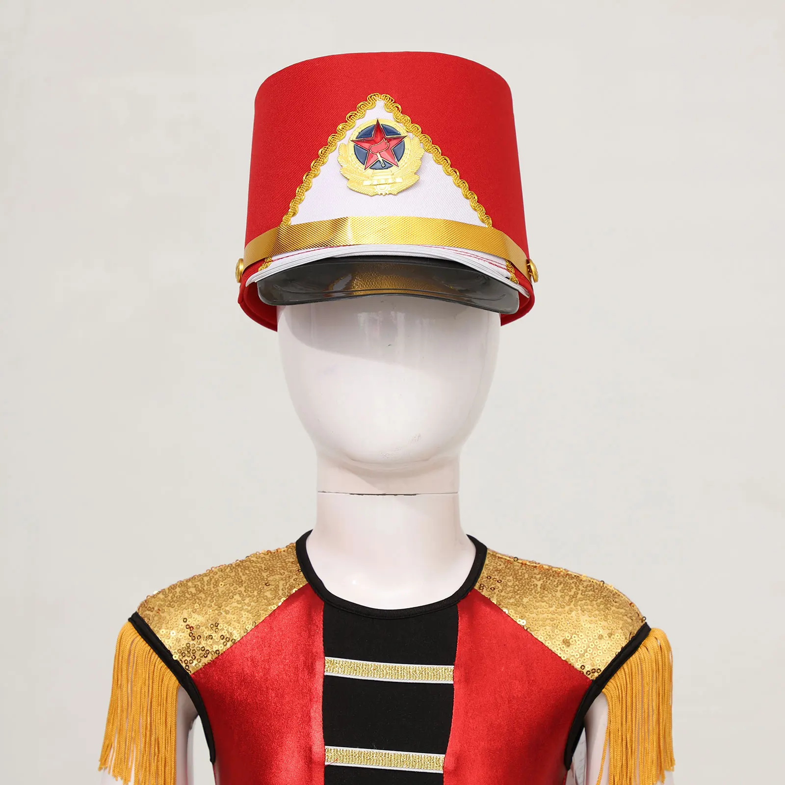 Children Drum Band Major Hat Stage Performance Soldier Confetti Cap Hat Marching Band Drummer Cosplay Predator Costume Cap women cosplay hat