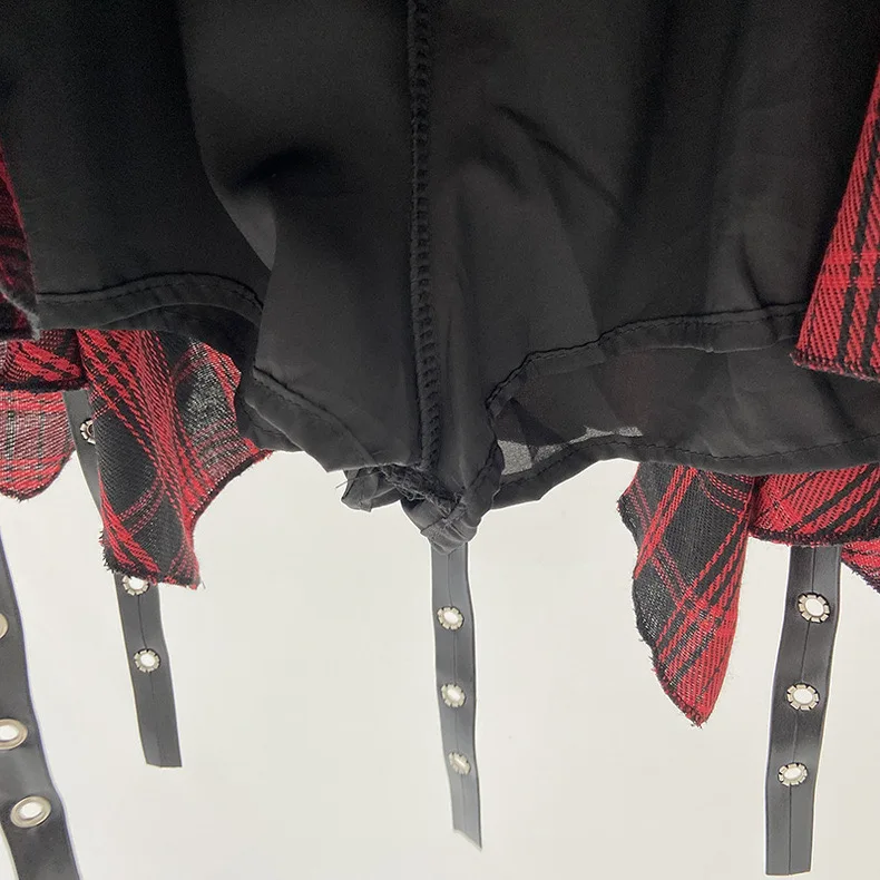 Asymmetrical Plaid Skirt with Straps High Waist Harajuku Mini Skirt Kpop Punk Gothic Red Black Tartan Skort Grunge Y2K Alt Girls - Image 6