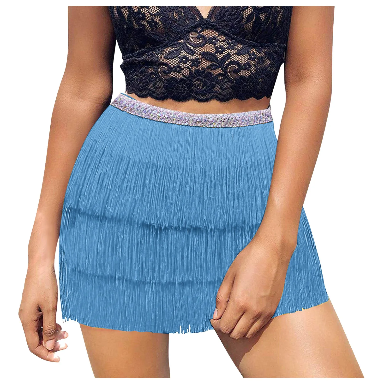 Women Sequin Belly Costume Skirt Carnival Tassel Skirt Club Mini Skirt Features: High Waist Summer Vintage Mini Skirts 4