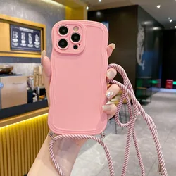 Stylish Wave Edge Lanyard Shockproof Phone Case with Soft Back Cover - iPhone 15 (Pink)