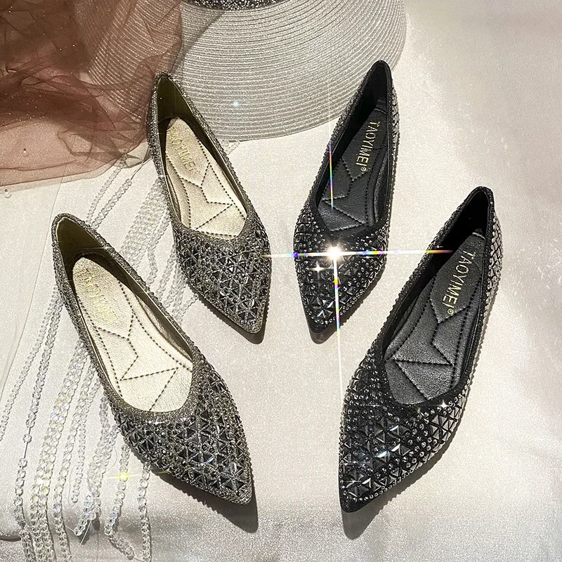 Women's Ballet Flats 2026 New Rhinestones Flat Casual Loafers Female Plus Size 43 Slip on Boat Shoes Chaussure Femme