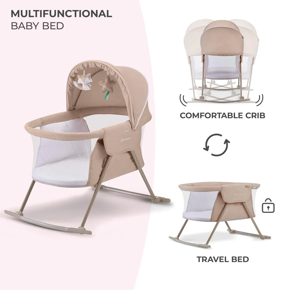 Travel Bassinet for Baby, Portable Folding Baby Bed with Built-in Mosquito net,Adjustable Hood and an Additional Cradle Function 3