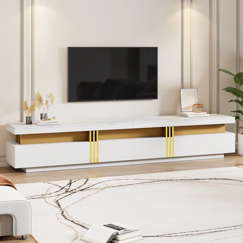 Modern Lowboard TV cabinet with marble optics TV board TV chest of drawers 200 x 40 x 42 cm three drawers and 1 cable management – Detail 2