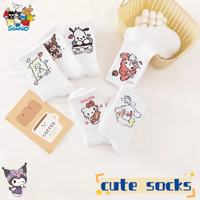 Anime Hello Kitty Kuromi Girls Mid Calf Socks Cartoon Autumn Winter Warm and Sweat Absorbent Socks Kawaii Pure Cotton Socks Gift