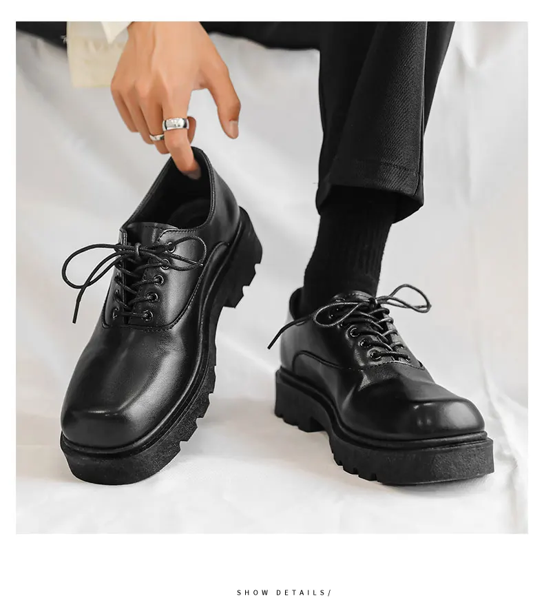 أحذية رجالية رسمية بكعب مسطح ورباط، لون موحد، نعل سميك، تصميم فريد وعصري، أحذية جلدية بأسلوب جديد