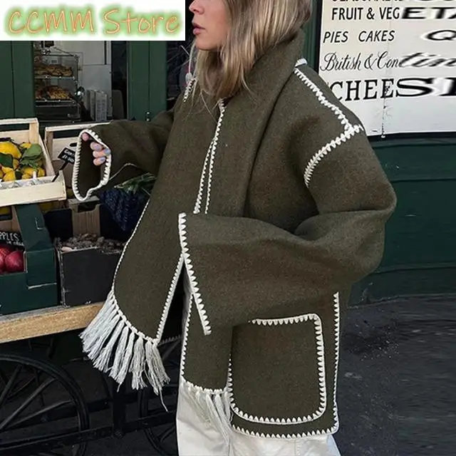 Hepburn Style Women Tassel Woolen Cape Coat With Scarf Retro Patchwork Long Sleeve Loose Outerwear Jacket Female Casual Overcoat