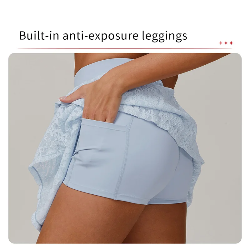 Description Picture 6 of itemNew Style Lace Nude Yoga Short Skirt for Women Anti Glare Mesh Breathable Sports Short Skirt High Waist Short Pants with Pocket