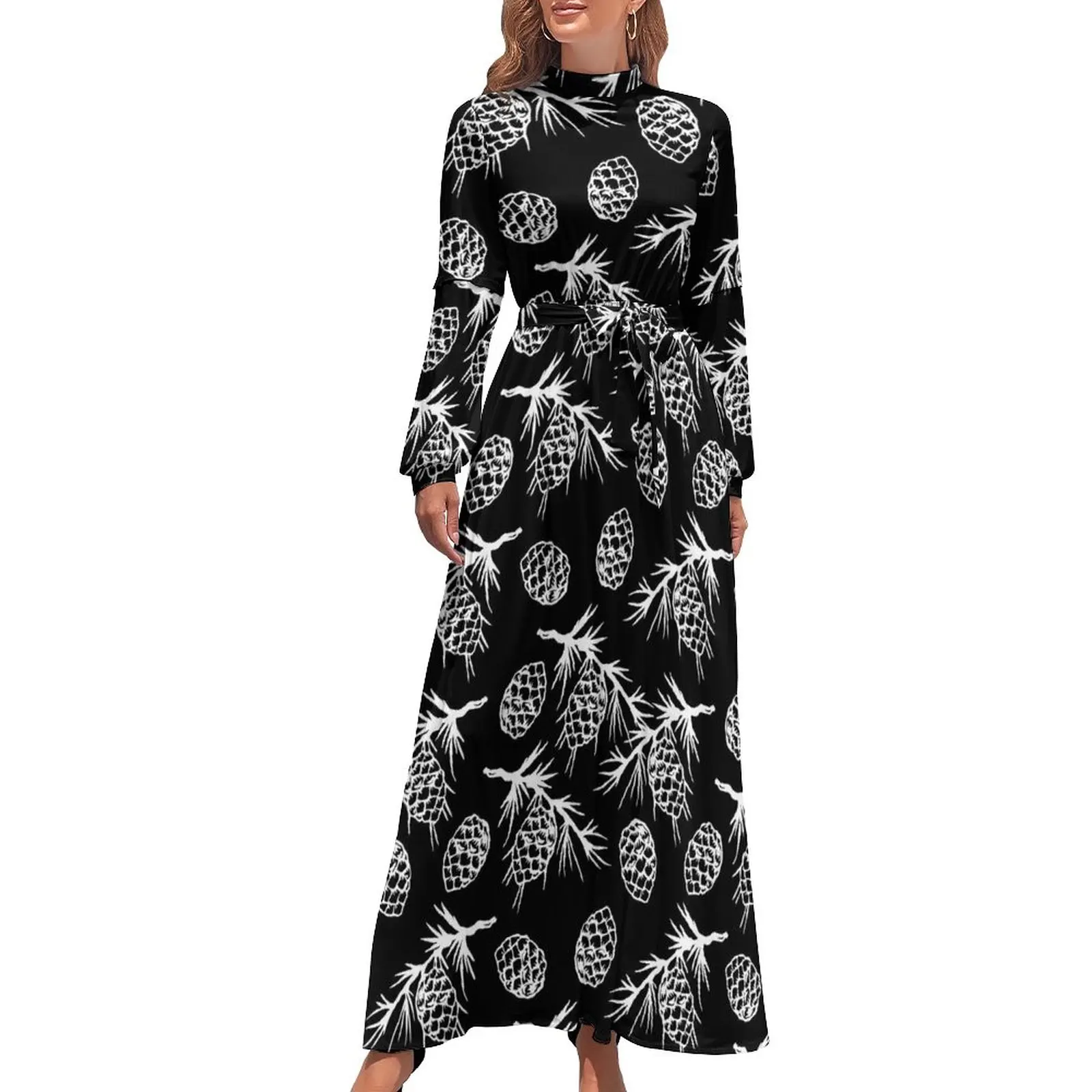 

White Pine Cones Dress High Waist Festive Fall Print Design Bohemia Dresses Long Sleeve Street Style Elegant Long Maxi Dress