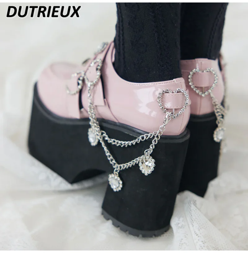 Japanese Lolita Style Rhinestone Love Chain Platform High Heels Mine Sweet Cute Women's All-matching Kawaii Pumps Shoes
