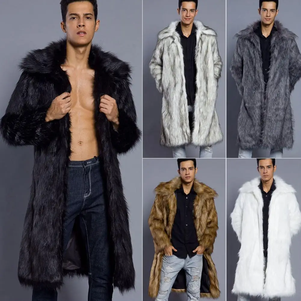 Men Long Faux Fur Overcoat Lapel Long Sleeve Windproof Open Front Coat Thickened Warm Imitation Fur Outwear