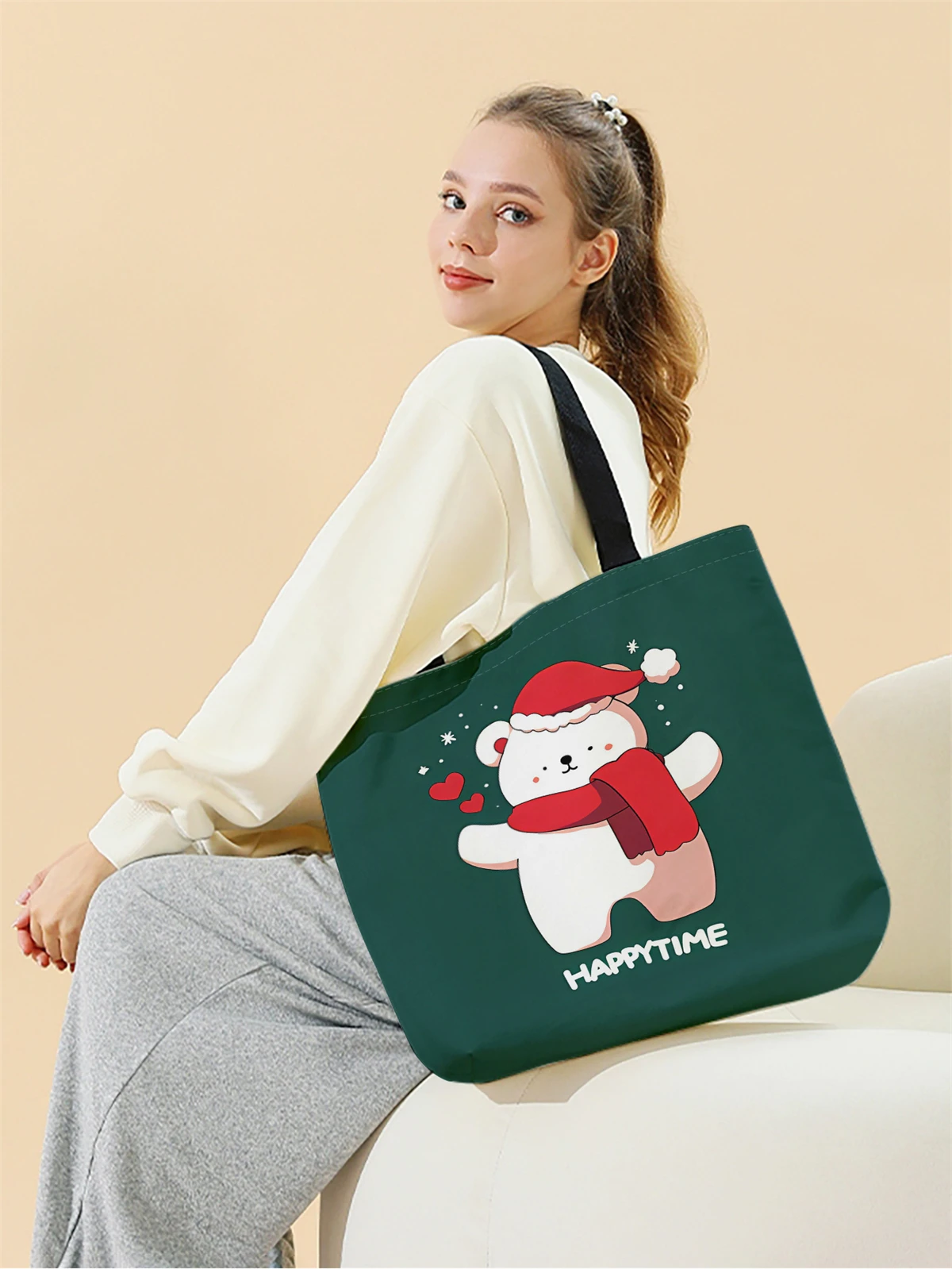 1pc,Christmas teddy bear handbag, reusable fashionable handbag, multifunctional handbag, printed canvas shopping bag