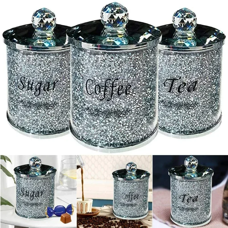 3PC Coffee Sugar Tea Storage Box Set Crystal Crushed Diamond Kitchen Storage Container Handmade Crystal Glass Coffee 2