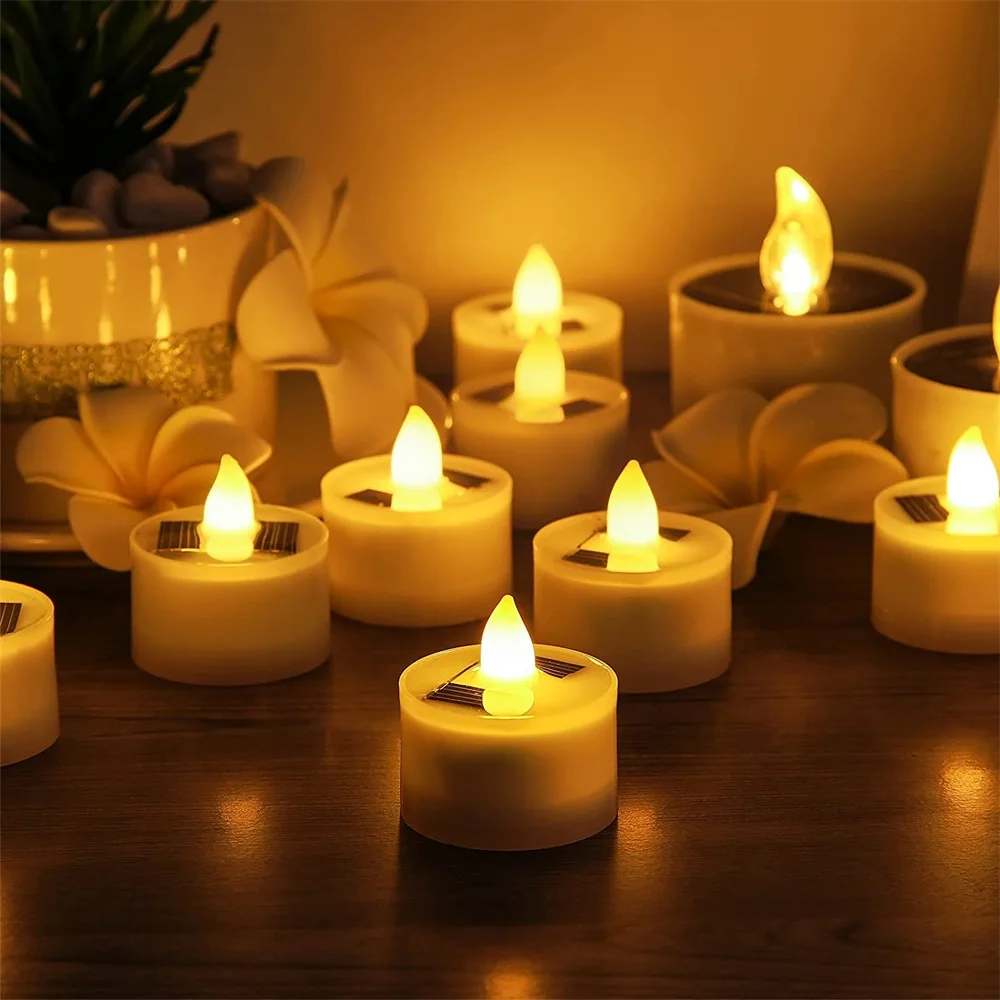 6pcs Solar LED Tea Lights Flicker Flameless Electronic Candle Light For Outdoor Garden Christmas Wedding Party Home Decoration led candle with 18keys remote control flameless electronic candle wax pillar candle for christmas wedding dinner decoration