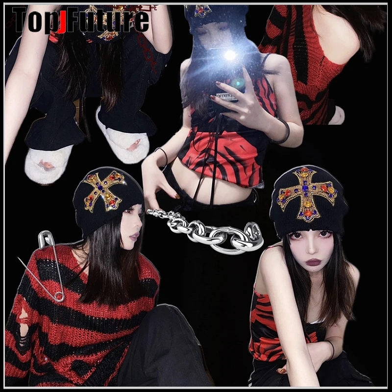 Hats Women Harajuku Gothic Lolita Girls Bling Bling Crystal Cross Streetwear punk Decorative Cosplay