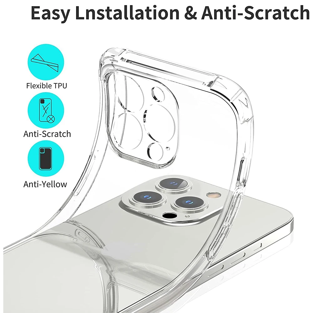 Shockproof Silicone Clear Case with Lens Protection and Tempered Glass