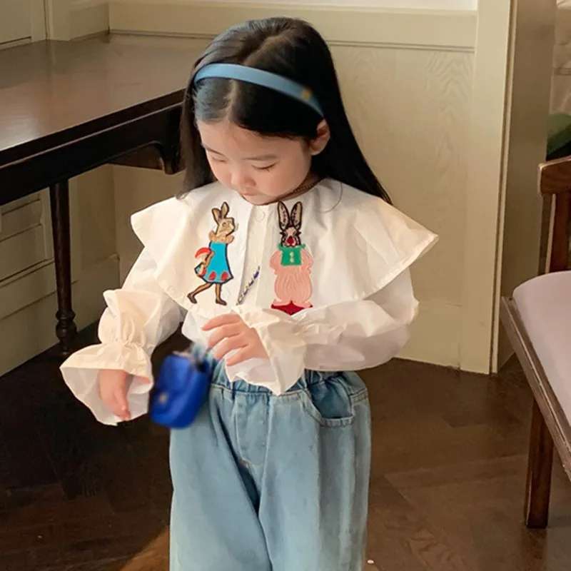 3-8T Puff Sleeves Baby Girl Shirt Long Sleeve Cartoon Embroidery Shirt Big Lapel Cute Blouse Autumn Spring Korean Casual Tops