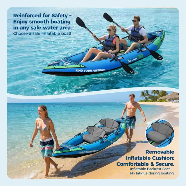 Inflatable 1/2-Person Fishing Kayak for Adults – Durable PVC Collapsible & Portable - with Padded Seats/Removable Fins/Hand Pump/Carry Bag & Repair Kit for Lake River Recreation Touring