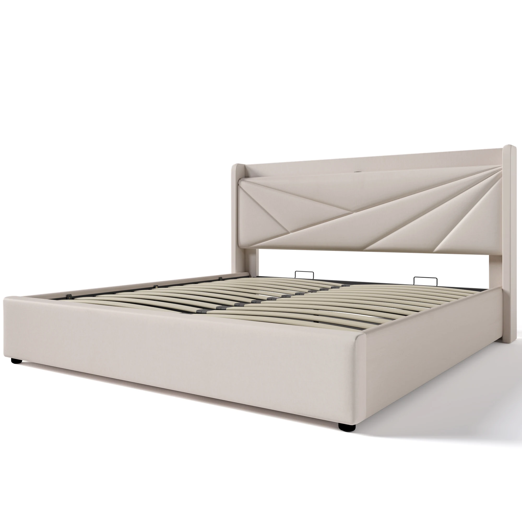Gepolstertes Doppelbett mit Aufbewahrungsschublade und USB-C-Kopfteil, 140x200 Leinenbettgestell mit Matratze. – Detail 16