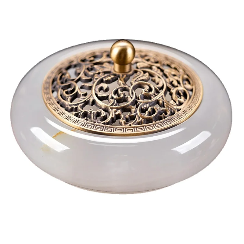 

White Jade Censer Burners Home Decor Chinese Style Zen-style Incense Burner for Tea Ceremony with Copper Cover Buddha Sandalwood