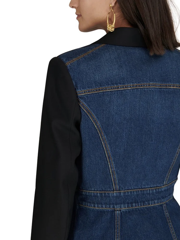 KBQ Patchwork Denim Blazer For Women Notched Collar Long Sleeve Tunic Chic Colorblock Blazer Female Autumn Fashion Clothing New