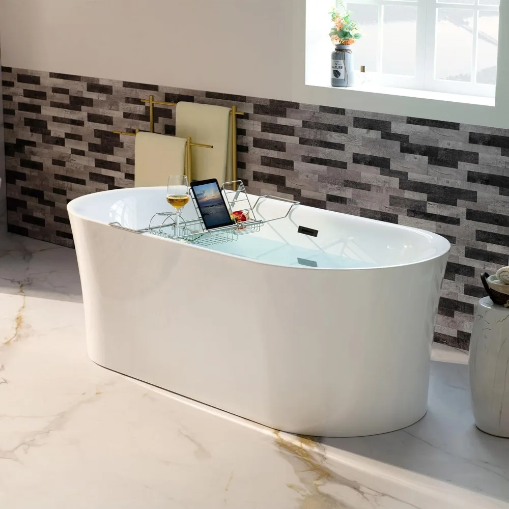 67" Acrylic Contemporary Soaking Tub with Matte Black Overflow and Drain，Acrylic Reinforced with Fiberglass，Freestanding Bathtub 2